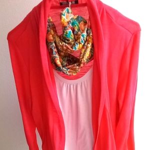 Women's long sleeve shirt with attached cardigan and matching scarf